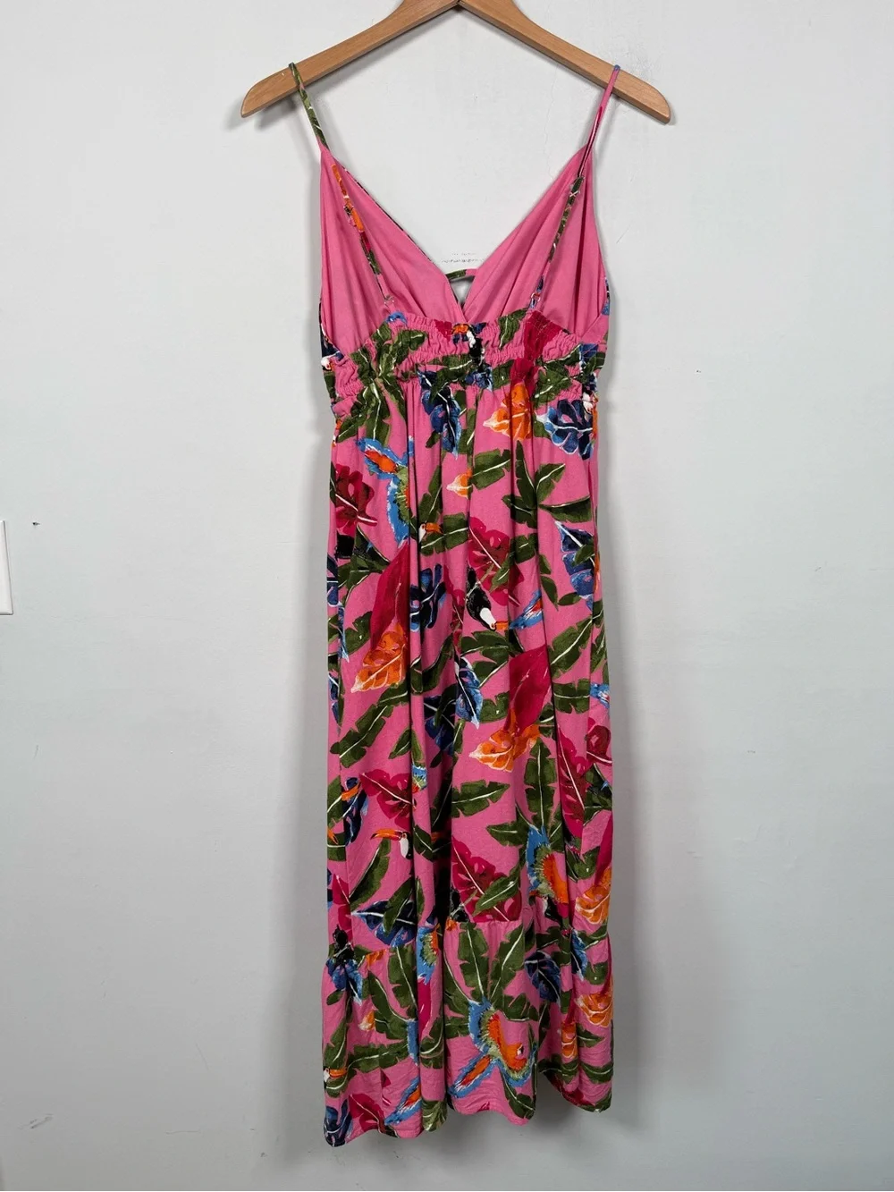 By The River Pink Tropical Palm Bird Print Midi Dress, Size L Great Condition